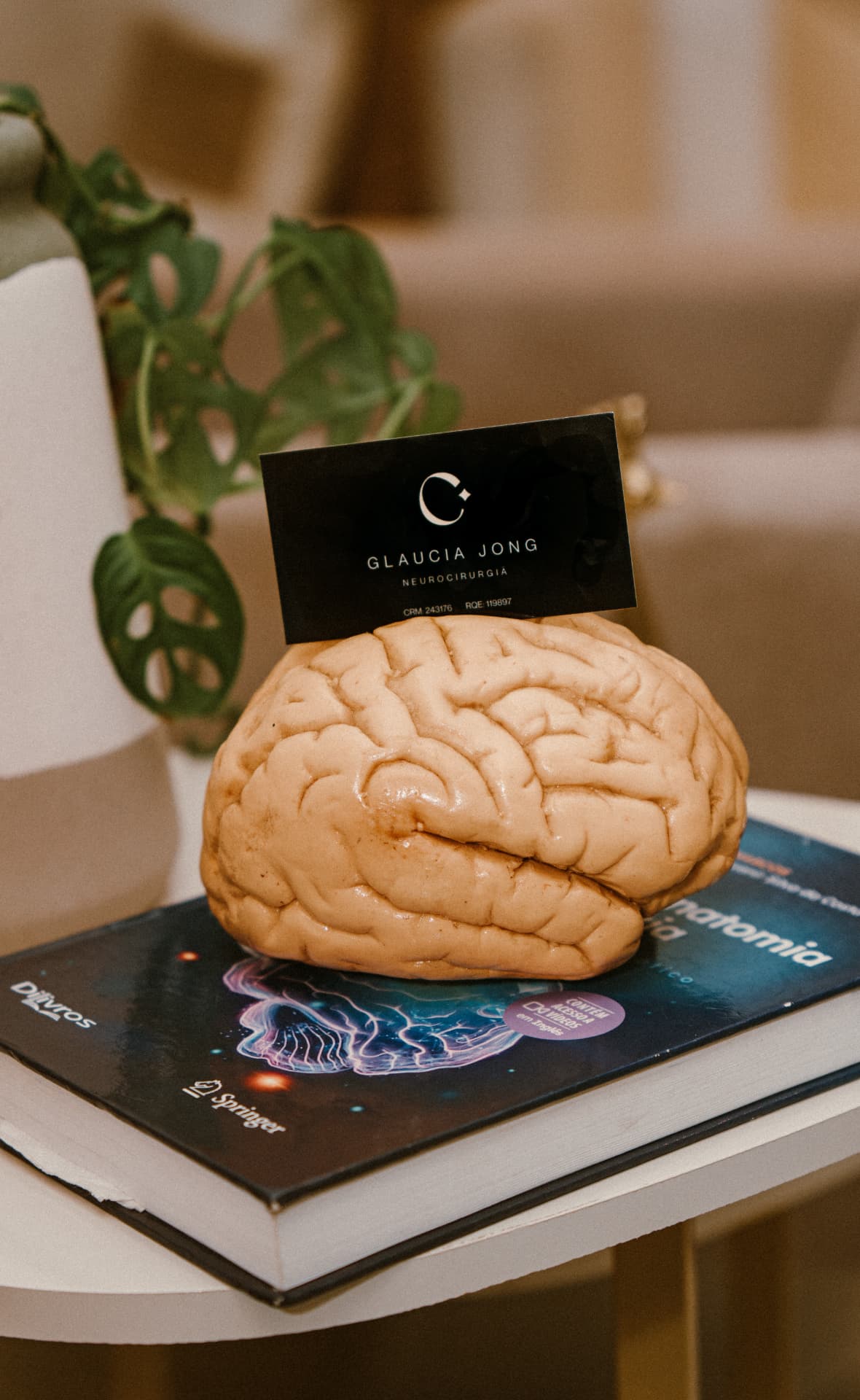 Modelo anatômico de cérebro e cartão da neurocirurgiã Glaucia Jong